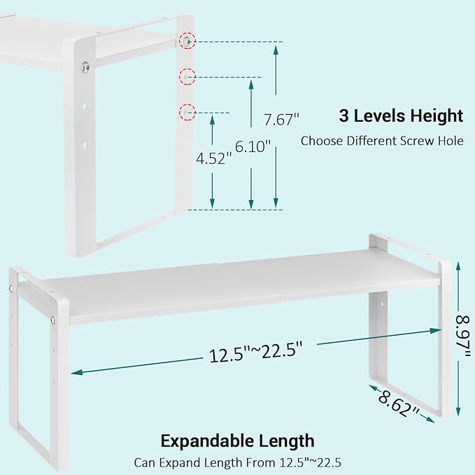 2 Pack Expandable Cabinet Organizer Shelves, 88lbs High Weight Capacity, Stackable Heavy-Duty Metal Storage Rack, Adjustable Cabinet Shelf for Kitchen, Pantry, Cupboard, Under Sink, White - Image 3