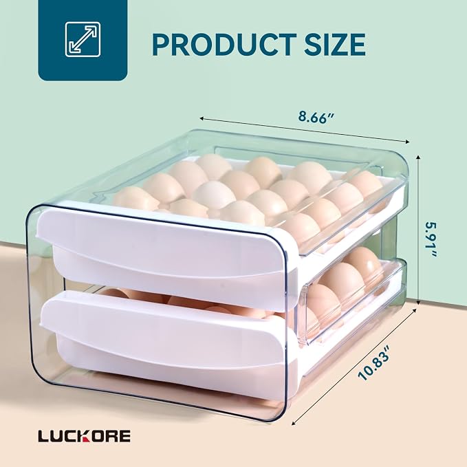 Luckore 2 Tier Egg Holder for Fridge Container for 40 Eggs with Drawer | Clear Stackable Egg Organizer Holder Tray for Fridge, Storage Container with Handles for Refrigerator, Countertop - Image 4