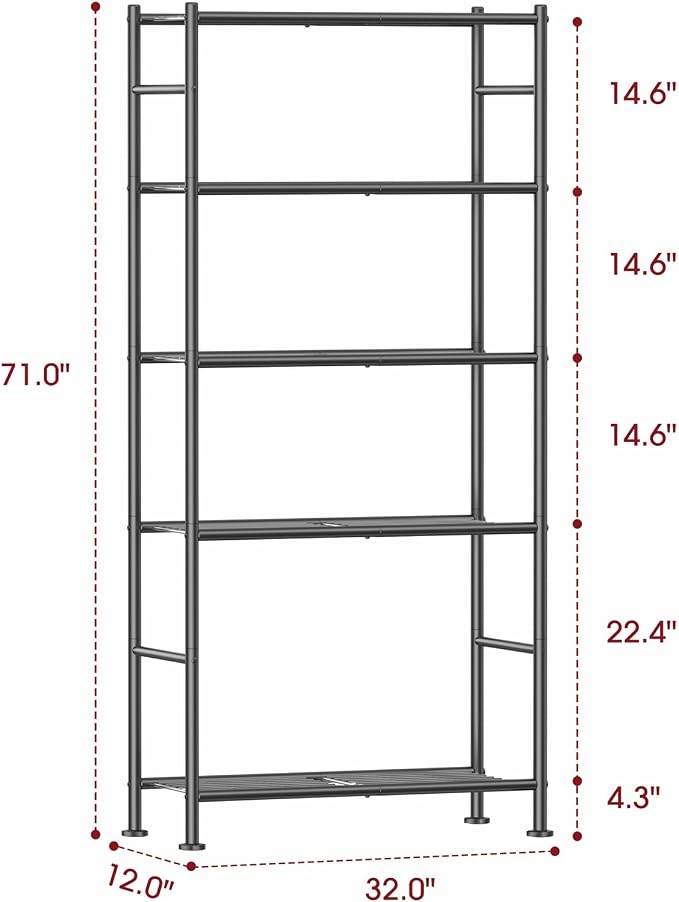 Sakugi Storage Shelves - 5 Tier Shelf Organizer, Sturdy Metal Garage Shelving with Adjustable Leveling Feet, Space-Saving Shelves Organizer for Pantry, Laundry, Kitchen (32" x 12" x 71", Black) - Image 2