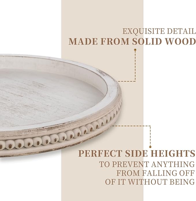 Hanobe Lazy Susan Centerpiece Tray, Round Wooden Turntable Organizer, White | Home Decor with Beaded, for Dining Table Top Kitchen Counter Coffee Table - Image 6