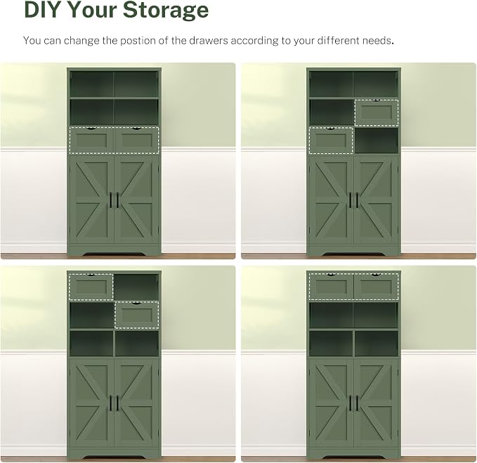 Bathroom Cabinet with Adjustable Shelf & 2 Drawers, Farmhouse Storage Cabinet with 2 Doors, Kitchen Storage Cabinets for Living Room, Entryway, Home Office, Forest Green - Image 7