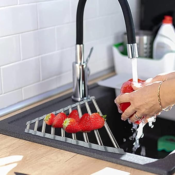 Triangle Dish Drying Rack Multipurpose Roll-up Drying Rack for Sink Corner Stainless Steel Over The Sink Corner Dish Drainer Mat for Kitchen (Grey) - Image 3