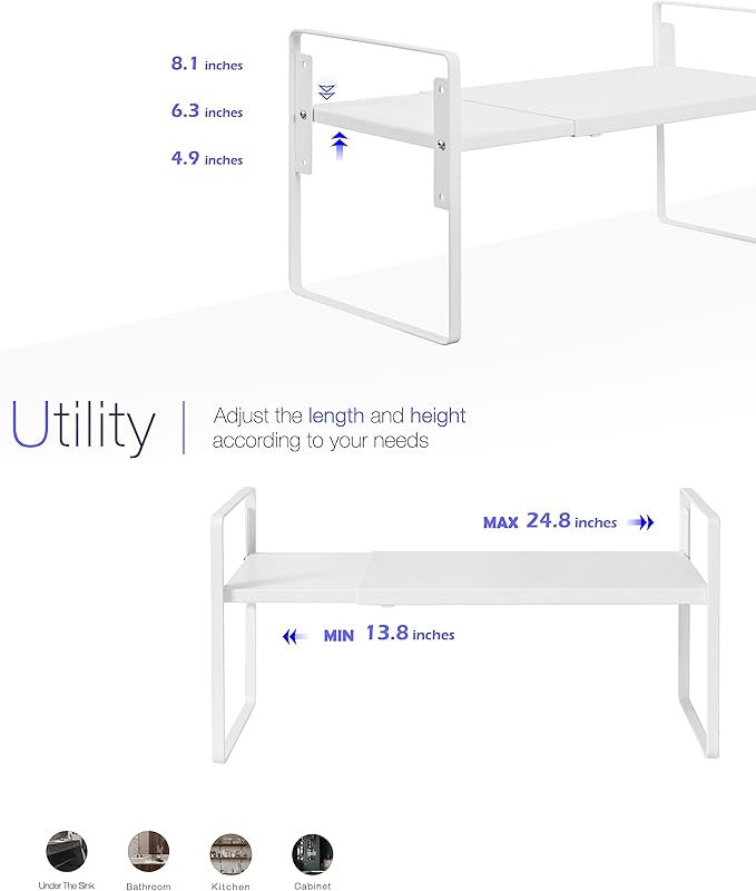 Nxconsu Cabinet Shelf Riser, Adjustable Cabinet Organizer, 10.3" Deep White | Heavy-Duty Metal Expandable Shelf Holds 50 lb with 3 Height Levels for Kitchen Cabinet Cupboard Pantry Dish Mug - Image 5