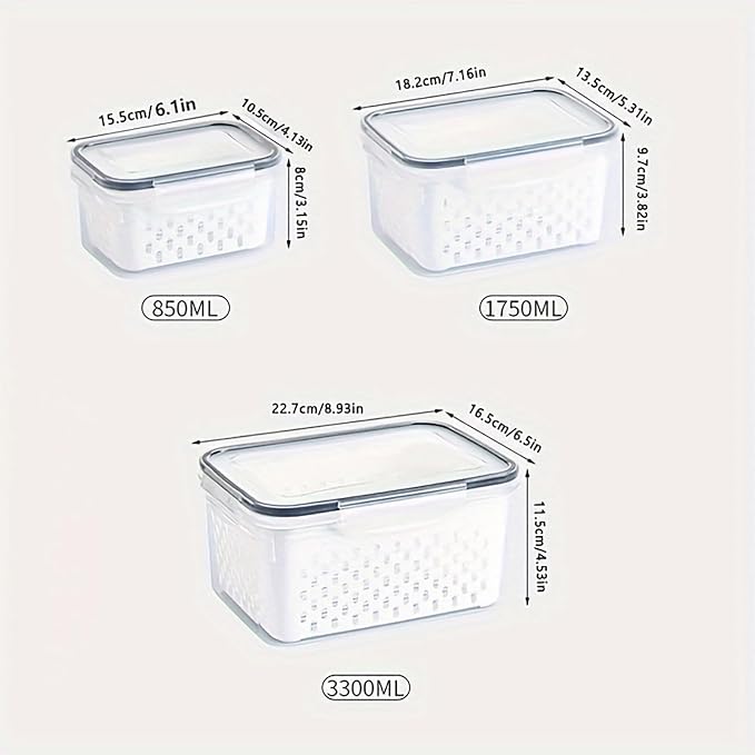 3pcs 4 in 1 Fruit Storage Containers for Fridge with Removable Colanders | Airtight, stackable, keeps food fresh. Dishwasher safe. Berry, vegetable, produce basket, strainer, refrigerator keeper - Image 2