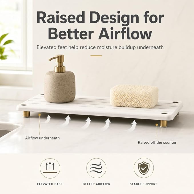 Instant Dry Sink Caddy Kitchen Sink Organizer, Quick Drying Stone Tray Diatomite Sponge Holder Soap Dish, Bathroom Countertop Fast Dry Water Absorbing Vanity Rack, Gold White, 12" x 5" - Image 5