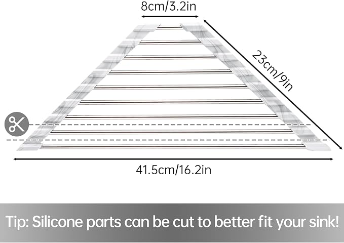 Tomorotec Marble Triangle Roll-Up Dish Drying Rack for Sink Corner - Small, Foldable, Stainless Steel, Multipurpose Kitchen Drainer Caddy, Trivet, Rustproof Organizer, Storage Shelf | BPA-Free Food-Grade Silicone Edges Foldable Waterproof Rustproof Hea... - Image 4
