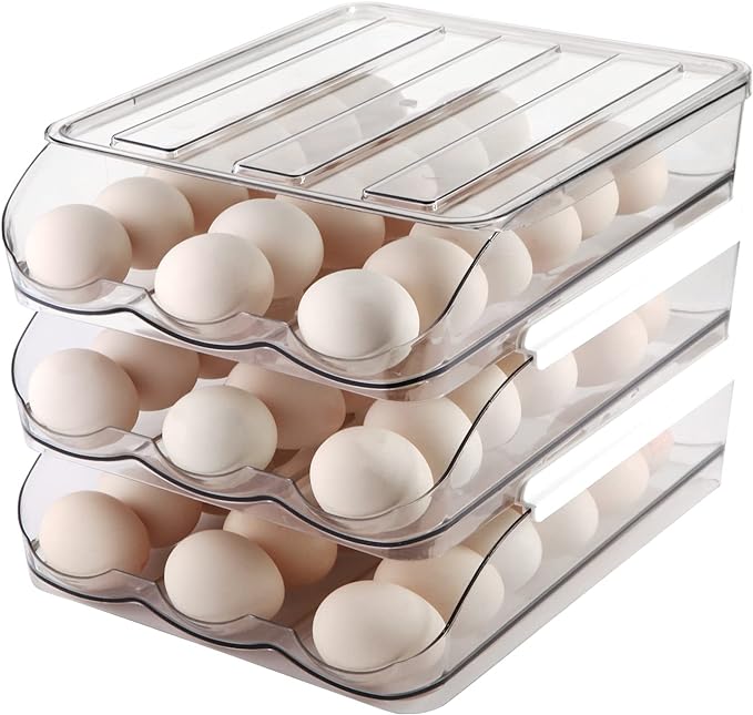 MesRosa Egg Holder for Fridge, Automatic Rolling Container Storage 54 Eggs | Clear Large Capacity Egg Organizer for Refrigerator with Lid, Stackable Dispenser, Tray & Bin, Saving Space -3 Layer by MesRosa