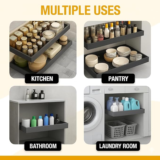 Expandable Pull Out Drawers for Cabinets(Gray) : Kitchen and Pantry Organizer, Sliding Cabinet Organizer with Adhesive, Under Sink and Pots Storage, Depth 16.5". expandable pull out cabinet organizer - Image 9