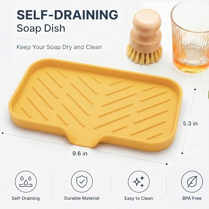 MicoYang Silicone Soap Dish with Drain Spout — Self-Draining Sink Organizer Tray for Bathroom & Kitchen, Sponges, Dispensers & Soap Holder, Non-Slip & Dishwasher Safe, Yellow (Medium, 9.6"×5.3") - Image 2