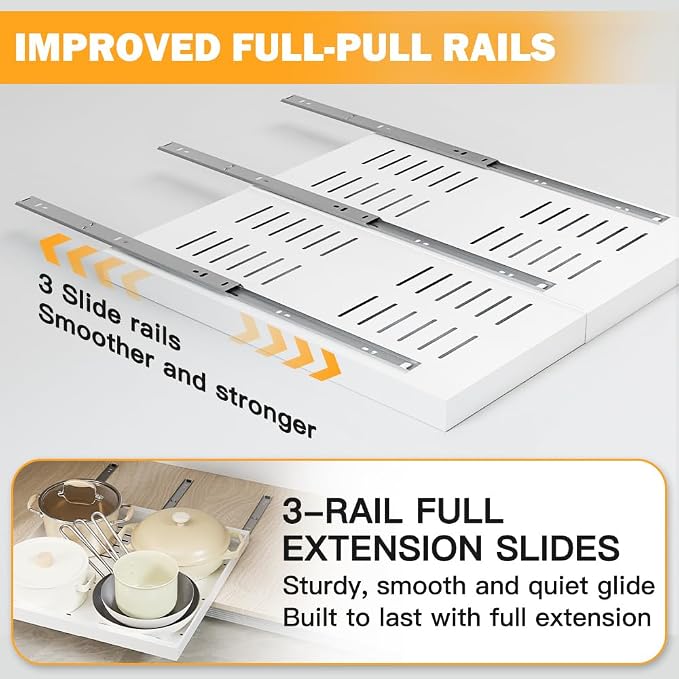 2 Pack Pull Out Cabinet Organizer Expandable(12"-20") Slide Out Drawer | 21" Deep Heavy Duty Slide out Drawers Fixed with 3 Slide Rails, Roll out Shelves For Kitchen, Bathroom, Pantry Storage, White - Image 5