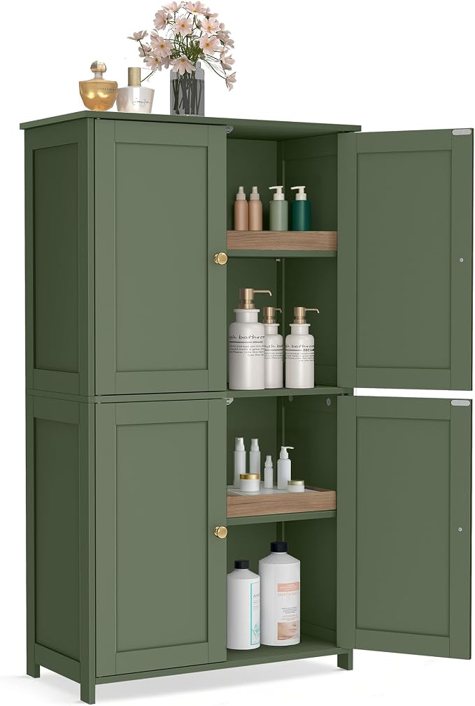 VASAGLE Floor Storage Cabinet, 2 Adjustable Shelves, 4 Doors,42.7" H | Freestanding Organizer Unit, Kitchen, Bathroom, Living Room, Forest Green, SIREN Collection UBBC553CH01 by Unknown