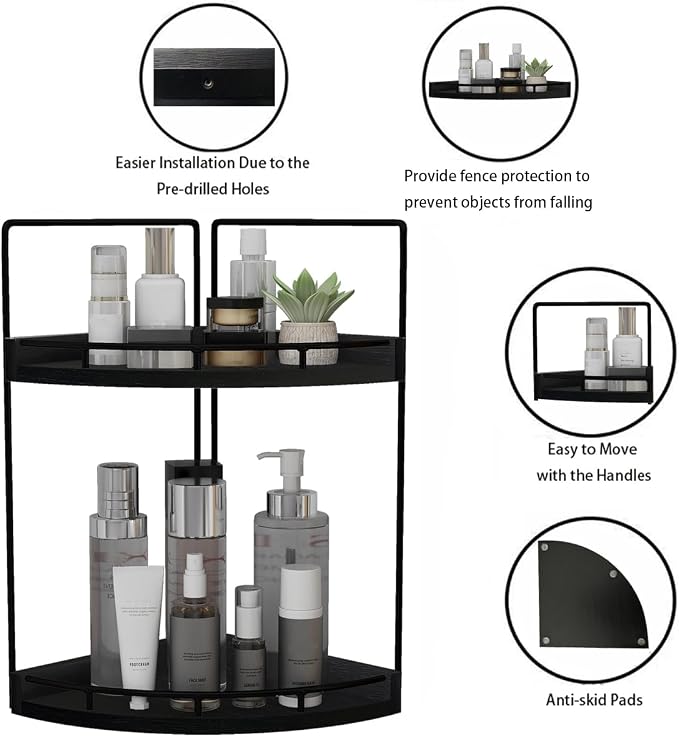 Dorhors Corner Bathroom Counter Organizer,Vanity Countertop Storage Shelf | 2-Tier Black Rack Holder for Skincare,Perfume,Makeup,Lotion,Wood Sink Tray Stand for Kitchen,Restroom,Dresser - Image 4