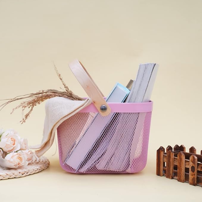 Portable Mesh Harvest Basket - Natural Bamboo Handle Foldable Organizer for Kitchen, Garden & Picnic | Ventilated Storage Bin with Rust-Proof Wire, Space-Saving Farmhouse Decor (Pink) - Image 8