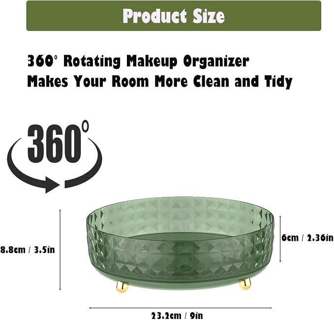 Makeup Perfume Organizer, 9 Inch /23cm 360 Degree Rotating Skincare Organizer, Cosmetics Organizer for Dresser Bathroom Bedroom Countertop Kitchen Pantry Cabinet Vanity Tray Refrigerator, Dark Green - Image 2
