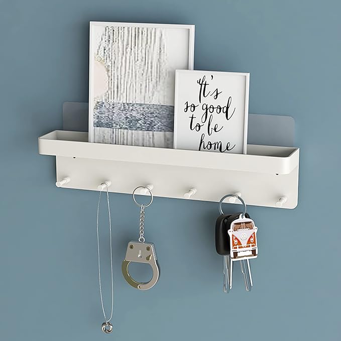 MKO Key Holder Wall Mount, Adhesive Key Hanger with 6 Hooks for Wall, White | Metal Material, Key Rack with Shelf, Wall Mount, Mail Organizer Tray, Suitable for Entryway, Hallway, Living Room - Image 3