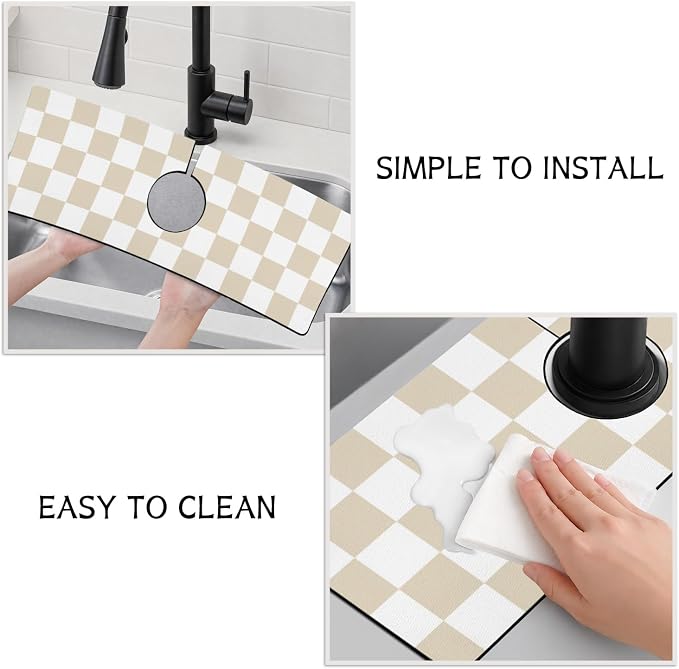 Light Brown White Checkered Kitchen Sink Splash Guard Faucet Mat,Faucet Non-Slip Absorbent Mat,Farmhouse Sink Splash Guard Behind Faucet for Kitchen Bathroom, 15"x5.5" - Image 4