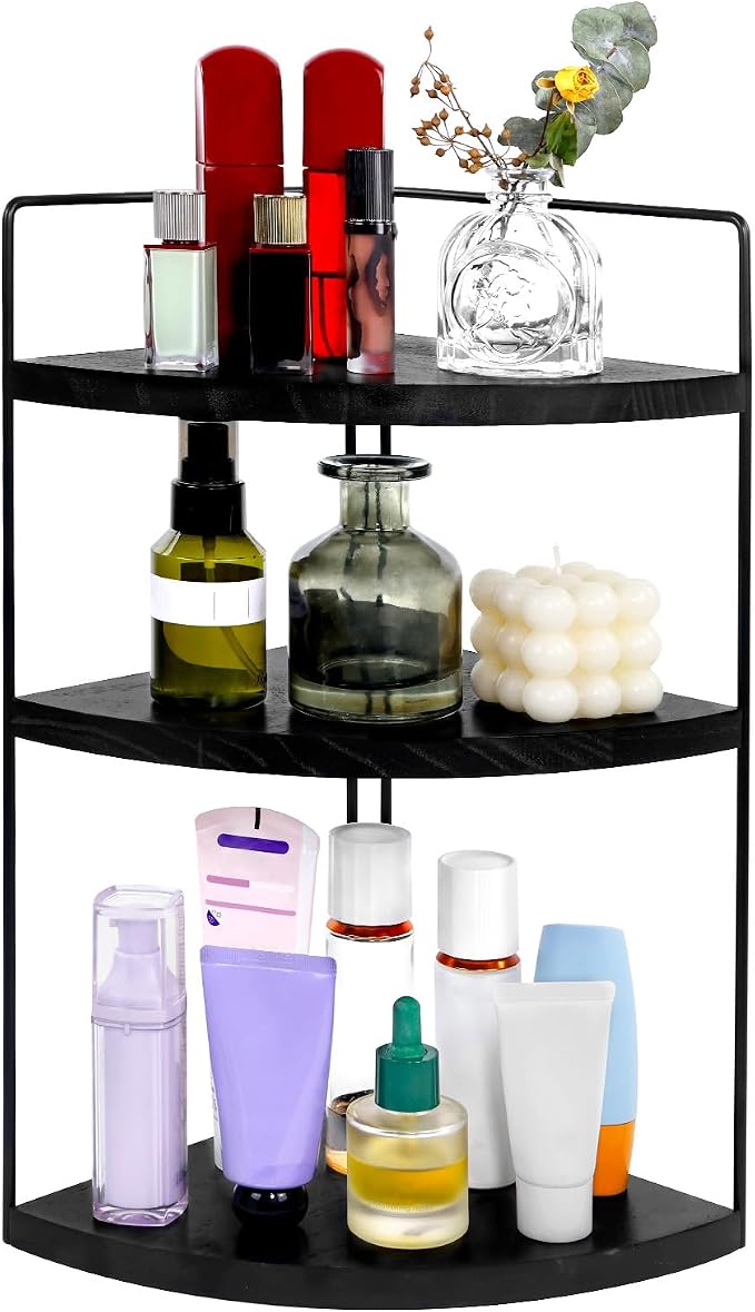 Corner Bathroom Counter Organizer Countertop Black, 3-Tier Corner Shelf Wood Vanity Tray Easy Assembly Space Saving Shelf for Kitchen, Bathroom, Dresser, Makeup, Office by Unknown