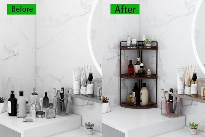 Dorhors Corner Bathroom Organizer Countertop,Vanity Counter Storage Shelf | 3 Tier Walnut Stand Rack Holder for Kitchen,Dresser,Restroom,Wood Bathroom Sink Tray for Makeup,Perfume,Skincare,Lotion - Image 6