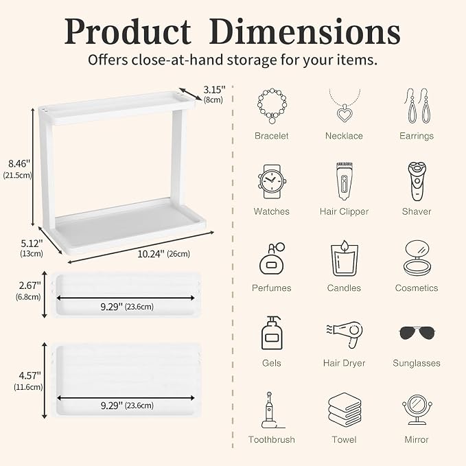 PEKER Bamboo Bathroom Organizer Countertop – Small Vanity Storage Shelf for Makeup, Perfume, Skincare – Natural Cosmetics Display Rack for Dresser, Sink, Kitchen –White - Image 3