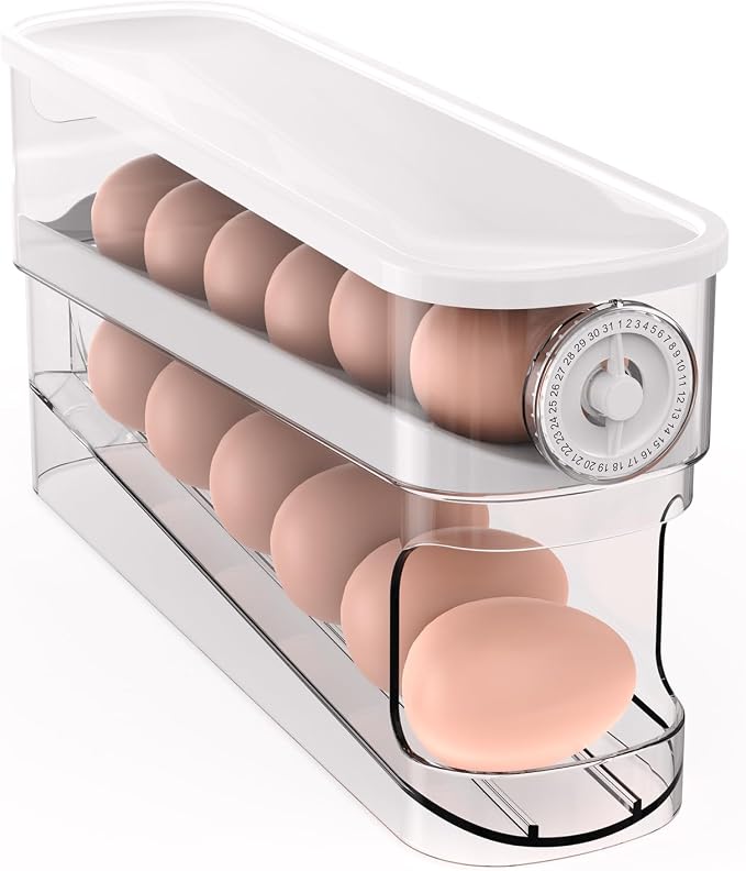 Auto Rolling Egg Holder for Fridge, Egg Dispenser/Organizer/Storage/Container with Lid & Date Timer for Refrigerator, Sturdy and Durable Space-Saving Egg Tray for 12 Large Eggs by SipobuyUS