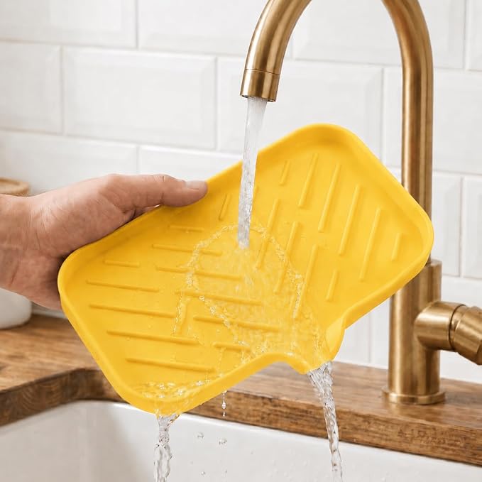 MicoYang Silicone Soap Dish with Drain Spout — Self-Draining Sink Organizer Tray for Bathroom & Kitchen, Sponges, Dispensers & Soap Holder, Non-Slip & Dishwasher Safe, Yellow (Medium, 9.6"×5.3") - Image 9