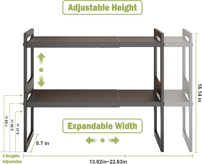 DOLALIKE Expandable Kitchen Countertop Organizer, Stackable Cabinet Shelf Organizers, Space Saving Spice Rack Pantry Storage for Bathroom Office Organization (Black, 2 Pack) | Space Saving Metal Pantry Storage Racks for Kitchen Spice Rack Pans and Unte... - Image 3