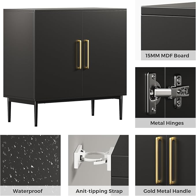 Black Storage Cabinet with Doors, Modern Accent Cabinet, Free Standing Cabinet with Adjustable Shelf, Wooden Buffet Sideboards for Living Room, Kitchen, Dining Room, Entryway - Image 3