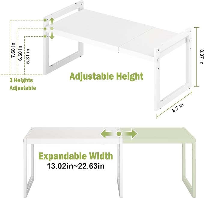 Expandable Cabinet Shelf Organizer, Stackable Kitchen Counter Shelf, White | Space Saving Metal Pantry Storage Racks for Kitchen Spice Rack Pans and Untensils Bathroom Office Organization, 1-Tier - Image 3