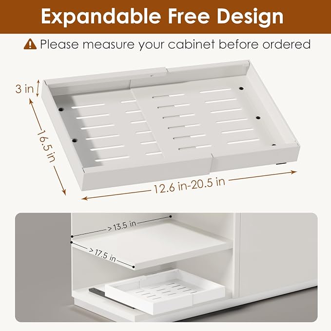 2 Pack Expandable Pull Out Cabinet Organizer 16.5" Deep, Adjustable Width 12.6"-20.5", No Drill Adhesive with Triple Track Rails, Heavy Duty Slide Out Drawers for Kitchen,Pantry,Cabinets,White - Image 2