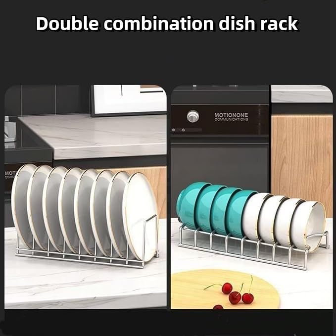 Dish Rack Plates Holder 2 Pack set, Plate organizer for cabinet space saver, Pan lid organizer, Kitchen Storage Cabinet Organizer for Plates/bowls/cups/lids/cutting boards/spatulas - Image 3