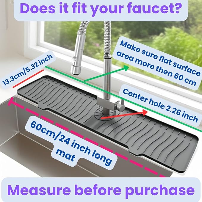 24 Inch Longer Faucet Mat for Kitchen Sink, Silicone Sink Faucet Mat Splash Guard 5° Slope Premium Kitchen Sink Splash Faucet Guard, Fast Self-Draining Mat (gray) - Image 3