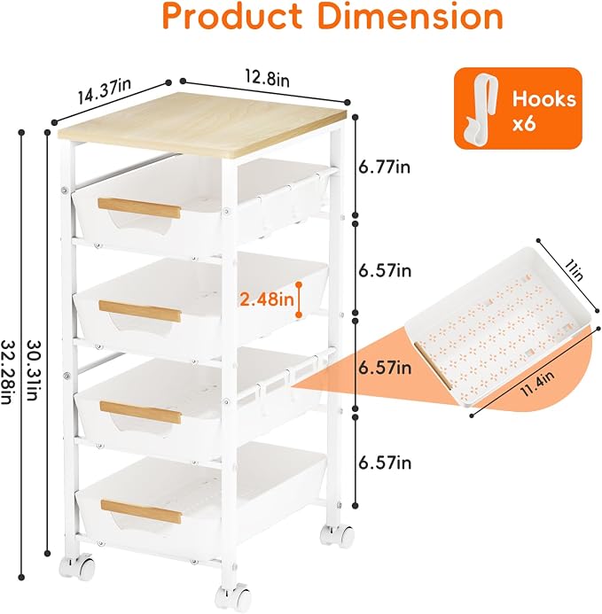 5-Tier Kitchen Storage Cart, Wood Top Rolling Cart Organizer with Pull-Out Baskets & Wheels, Metal Snack Cart with Holder for Fruit, Vegetable, Microwave, Kitchen, Pantry, White - Image 5