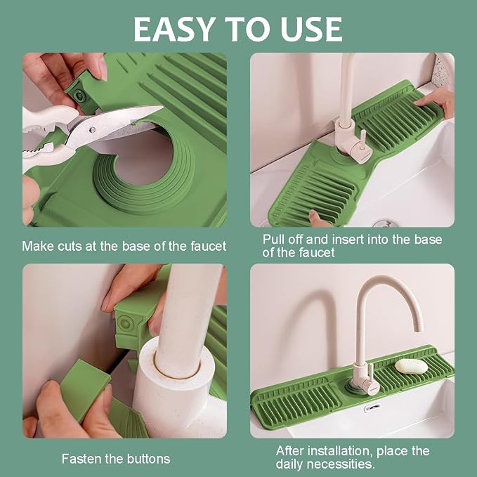 24 Inch Silicone Faucet Mat for Kitchen Sink Splash Guard Folding Faucet Mat with Button Lock Water Draining Pad for Kitchen Bathroom Bar(Green) - Image 5