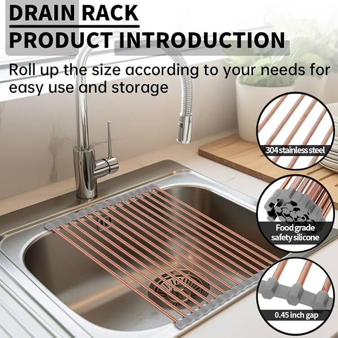 11.8" x 17" Expandable Roll Up Over The Rack Sink Cover Kitchen Dish Drying Rack,SUS304 Stainless Steel Multipurpose Collapsible Organizer Dish Drying Rack for Kitchen Sink Cover,Rose Gold - Image 3