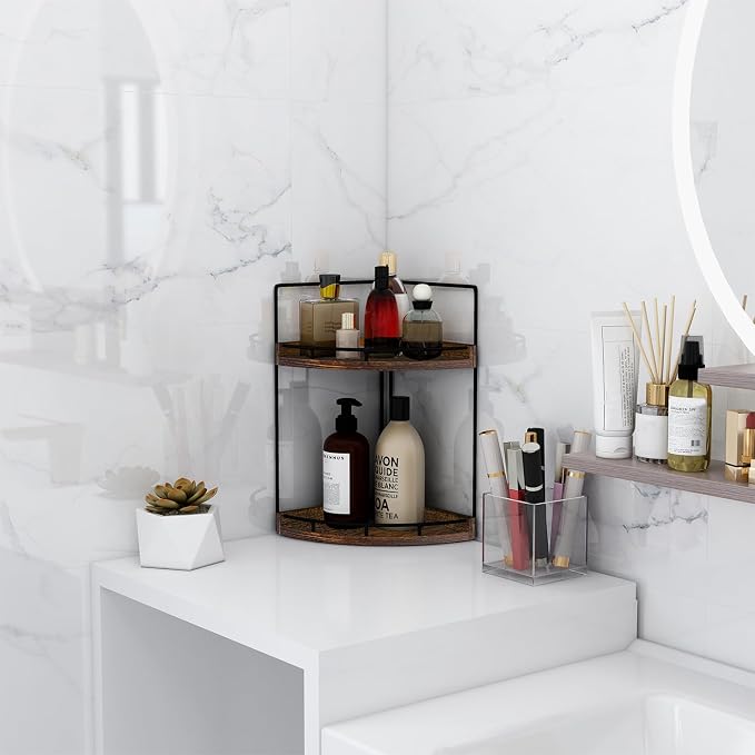 Dorhors Corner Bathroom Counter Organizer,Vanity Countertop Storage Shelf | 2-Tier Dark Red Rack Holder for Skincare,Perfume,Makeup,Lotion,Wood Sink Tray Stand for Kitchen,Restroom,Dresser - Image 2