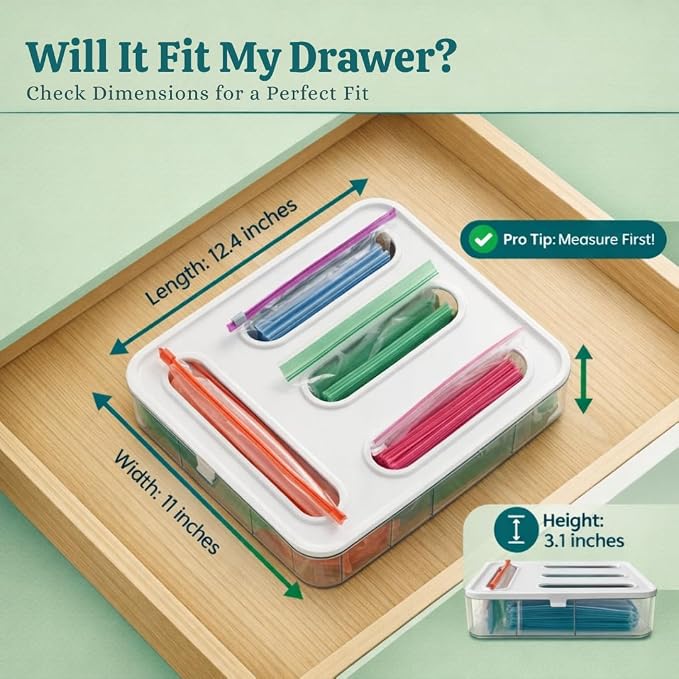 Food Storage Bag Organizer – 4-in-1 Plastic Baggie Organizer for Drawer | Fits Sandwich, Snack, Gallon, Quart & Slider Bags | Kitchen Storage Organizer | Wall & Drawer Mount - Image 2