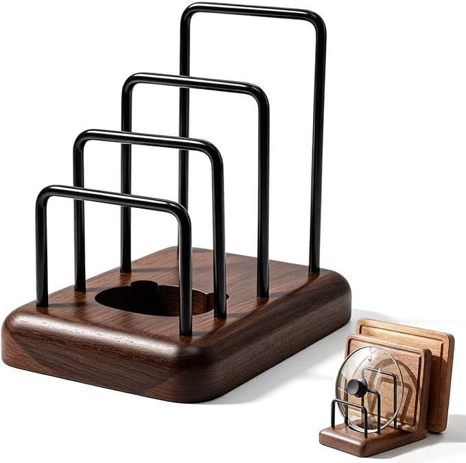 Chopping Board Rack with Walnut Base – 3 Slot Wood Cutting Board Holder | Pot Lid Stand, Baking Trays Pans Plates Cabinet Storage Divider Accessory for Home Countertop Kitchen Storage & Organizer by Oxmidud