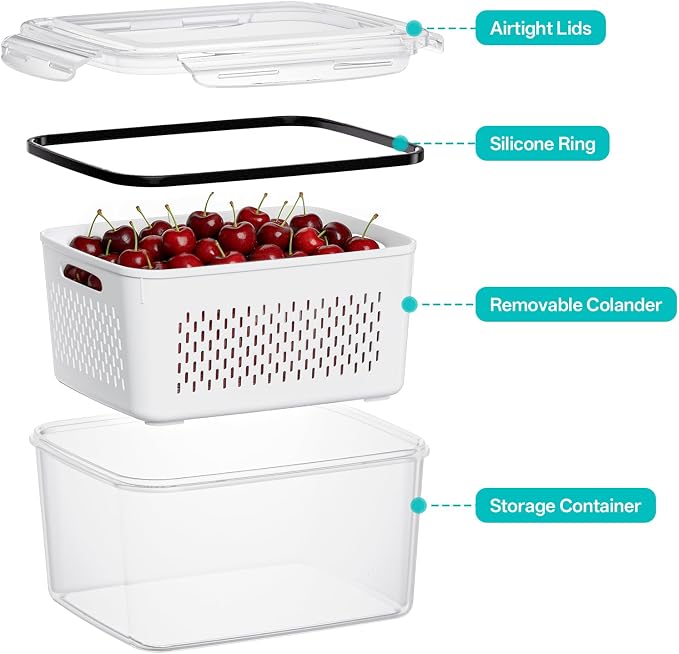 HOMETALL 8 Pack Fruit Storage Containers for Fridge with Strainer, BPA Free Fruit Cleaning Bowl Fridge Organizer, Plastic Fresh Keeper Set Refrigerator Organizer for Salad Berry Produce - Image 5