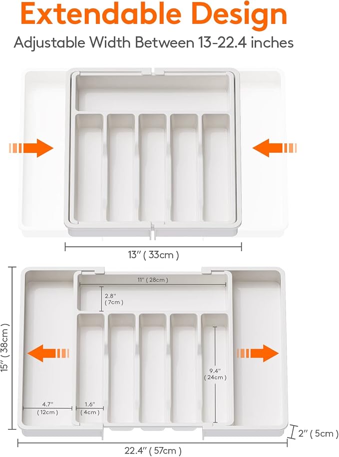 Lifewit Extra Large Silverware Drawer Organizer, Expandable Utensil Tray | BPA Free Flatware Cutlery Holder for Kitchen, Adjustable Plastic Storage for Spoons Forks Knives, 13-22 x15, White - Image 3