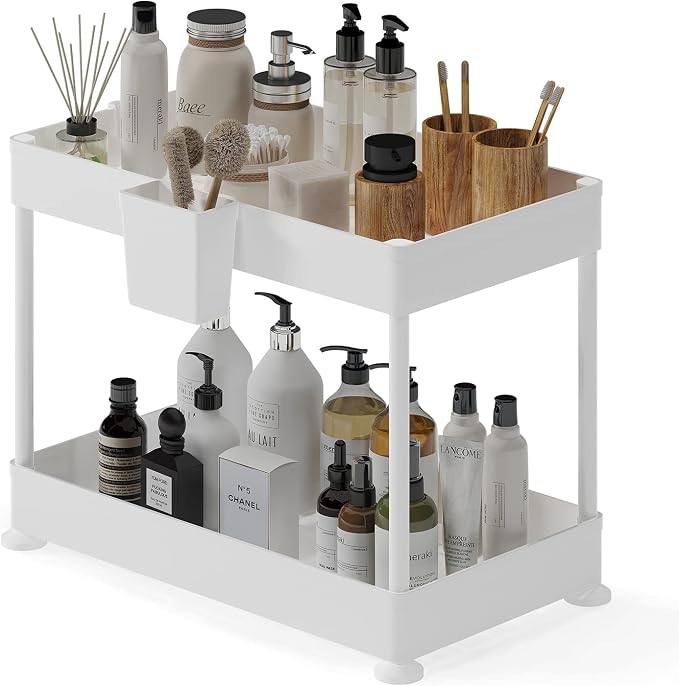 Under Sink Organizers and Storage | Bathroom Cabinet Organizer, Sink Shelf with Utility Hooks and Side Caddy for Under Cabinet Storage | Non Slip Grip Under Kitchen Sink Organizer, White (1-Pack) by STORAGEBUD