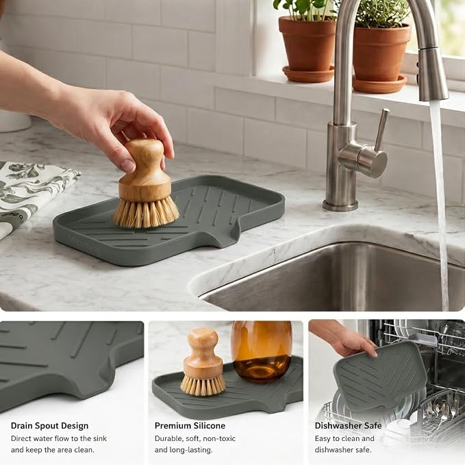 MicoYang Silicone Soap Dish with Drain Spout — Self-Draining Sink Organizer Tray for Bathroom & Kitchen, Sponges, Dispensers & Soap Holder, Non-Slip & Dishwasher Safe, Grey (Medium, 9.6"×5.3") - Image 3