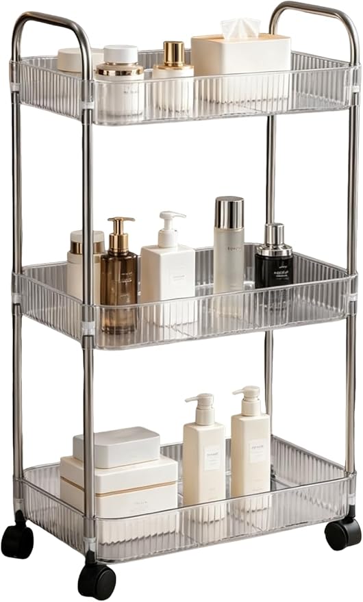 Sooyee Clear 3-Tier Plastic Rolling Utility Cart with Wheels | Multi-Functional Storage Cart Trolley, For Office, Bathroom,Living Room, Kitchen, Movable Storage Organizer by Sooyee