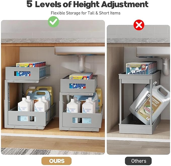 Under Sink Organizer, 2-Tier Dual Pull Out Cabinet Organizer Drawers With Smooth Circular Rail,Large Capacity Metal Mesh Sliding Shelves For Bathroom& Kitchen Storage,Height Adjustable–Gun Gray,1 Pack - Image 7