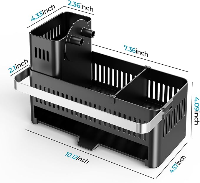 Nieifi Sponge Holder, Black Rustproof ABS Sink Caddy with Towel Rack | Smiley Sponge and Brush Holders with Drainage to Keep Items Dry. 10"W x 4.5"D. Kitchen Counter Organizer & Essential Storage. - Image 6