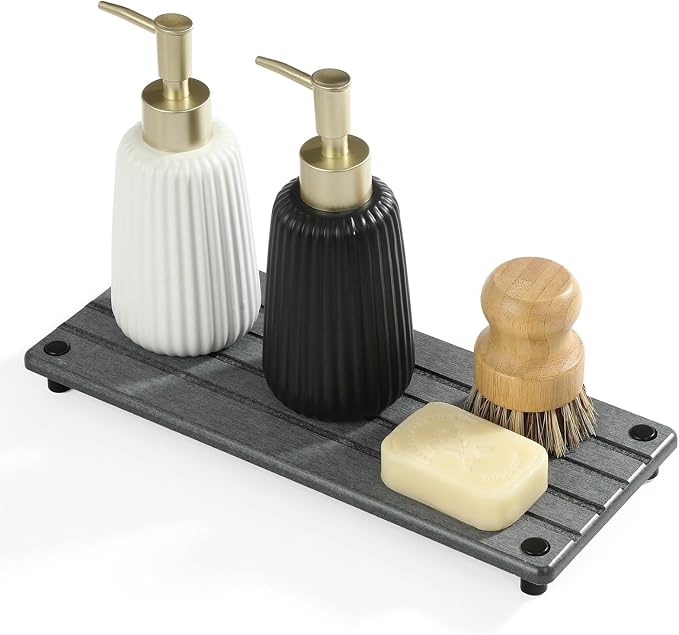 Instant Dry Sink Caddy Kitchen Sink Organizer, Quick Drying Stone Tray Diatomite Sponge Holder Soap Dish, Bathroom Countertop Fast Dry Water Absorbing Vanity Rack, Dark Gray,12" x 5" by Razborci