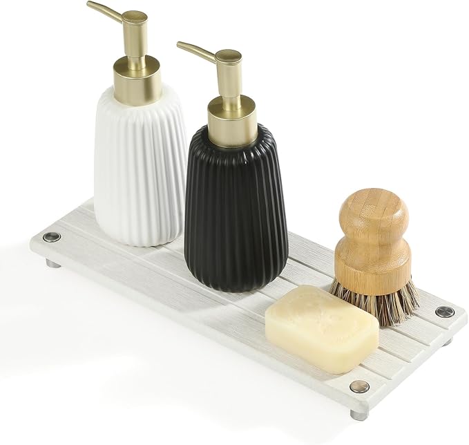 Instant Dry Sink Caddy Kitchen Sink Organizer, Quick Drying Stone Tray Diatomite Sponge Holder Soap Dish, Bathroom Countertop Fast Dry Water Absorbing Vanity Rack, Beige,12" x 5" by Razborci