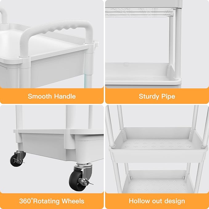 5 Tier Rolling Utility Cart with Drawer,REBECAT Utility Cart Made of Multifunctional Storage Organizer Tool for Kitchen,Bathroom,Living Room,Office(White) - Image 2