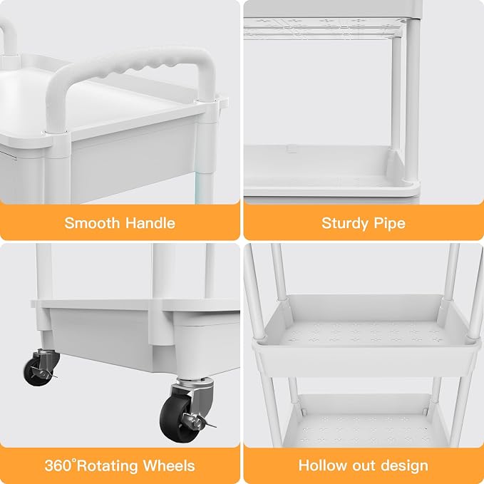 3 Tier Rolling Utility Cart with Drawer,REBECAT Utility Cart Made of Multifunctional Storage Organizer Tool for Kitchen,Bathroom,Living Room,Office(White) - Image 2