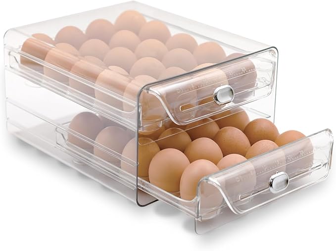 2 Tier Egg Holder for Refrigerator, 40 Eggs Clear Drawer Organizer | Clear Stackable Holder Tray with Drawer for Fridge, Storage Container with Handles for Refrigerator, Countertop, Kitchen by MFBJXC