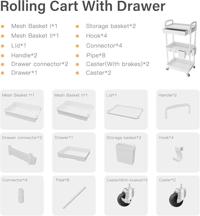3 Tier Rolling Utility Cart with Drawer,REBECAT Utility Cart Made of Multifunctional Storage Organizer Tool for Kitchen,Bathroom,Living Room,Office(White) - Image 4